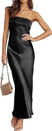 MEROKEETY Women 2023 Summer Strapless Satin Tube Bodycon Backless Wedding Guest Maxi Dress