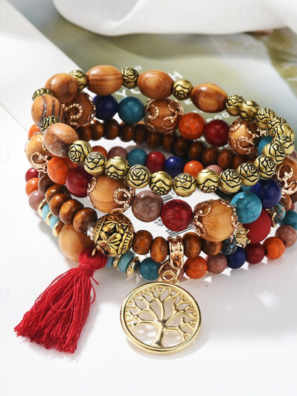 Women's Bead Bracelet Vintage Bracelet Layered Fashion Tree of Life Flower Elegant Fashion Personalized Tassel Bohemian Alloy Bracelet Jewelry Black /