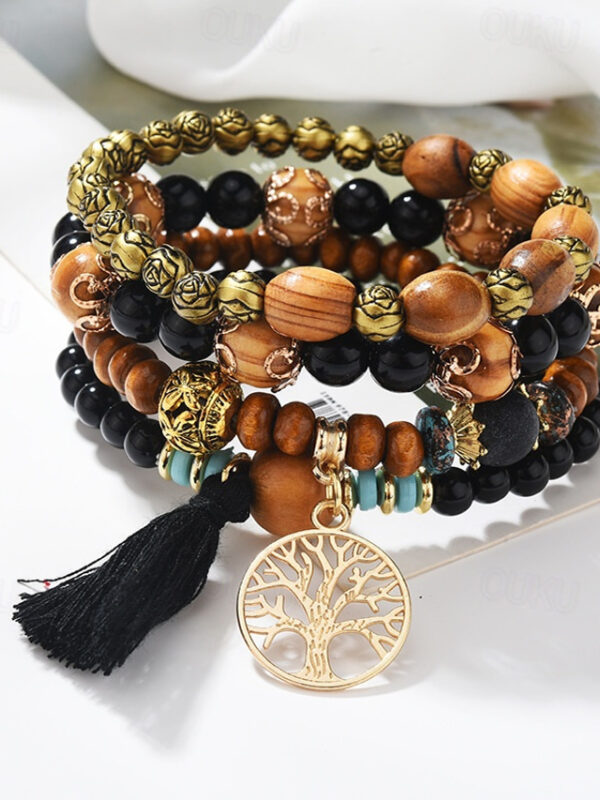 Women's Bead Bracelet Vintage Bracelet Layered Fashion Tree of Life Flower Elegant Fashion Personalized Tassel Bohemian Alloy Bracelet Jewelry Black /