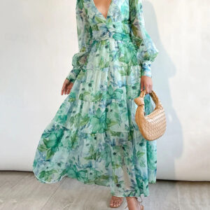 Women's Casual Dress Floral Print V Neck Long Dress Maxi Dress Vacation Long Sleeve Summer Spring 2024 - US $31.99