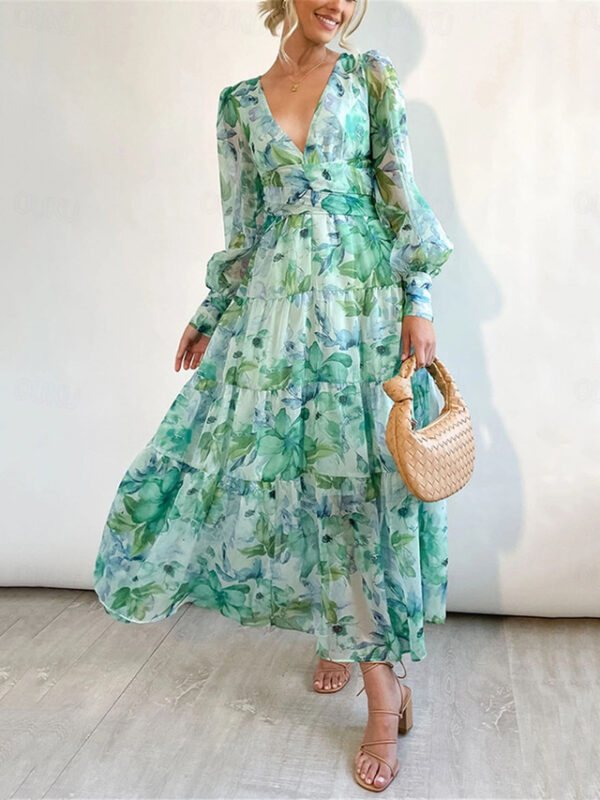 Women's Casual Dress Floral Print V Neck Long Dress Maxi Dress Vacation Long Sleeve Summer Spring 2024 - US $31.99