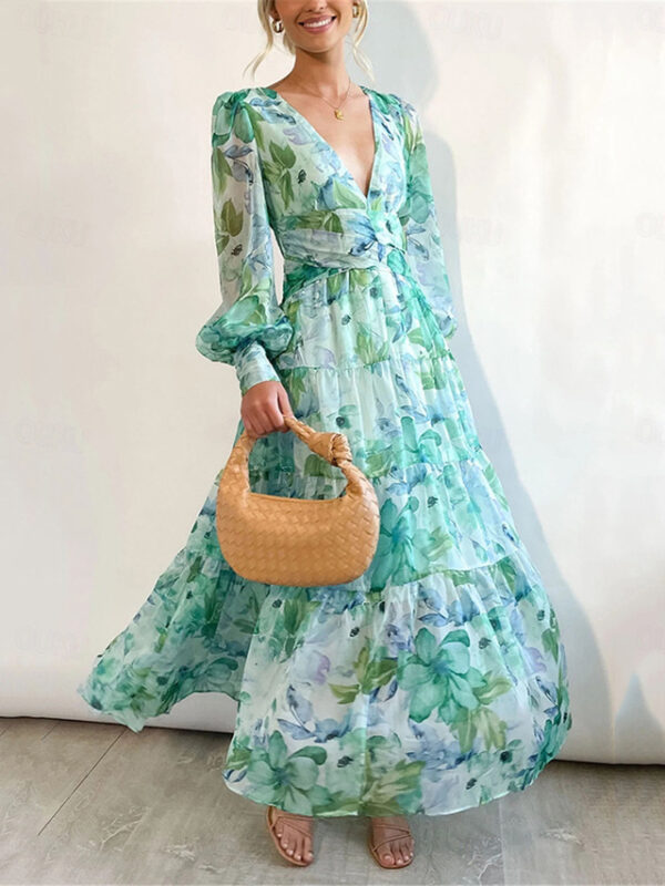 Women's Casual Dress Floral Print V Neck Long Dress Maxi Dress Vacation Long Sleeve Summer Spring 2024 - US $31.99