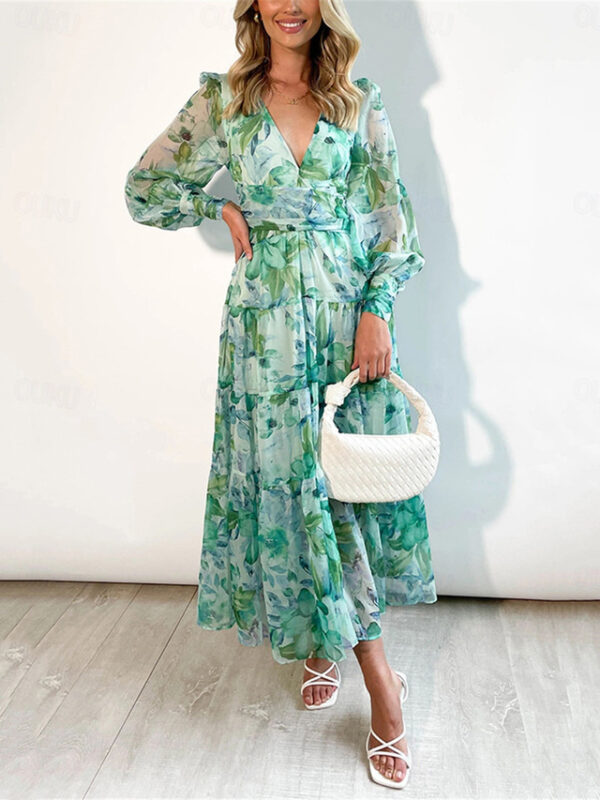 Women's Casual Dress Floral Print V Neck Long Dress Maxi Dress Vacation Long Sleeve Summer Spring 2024 - US $31.99