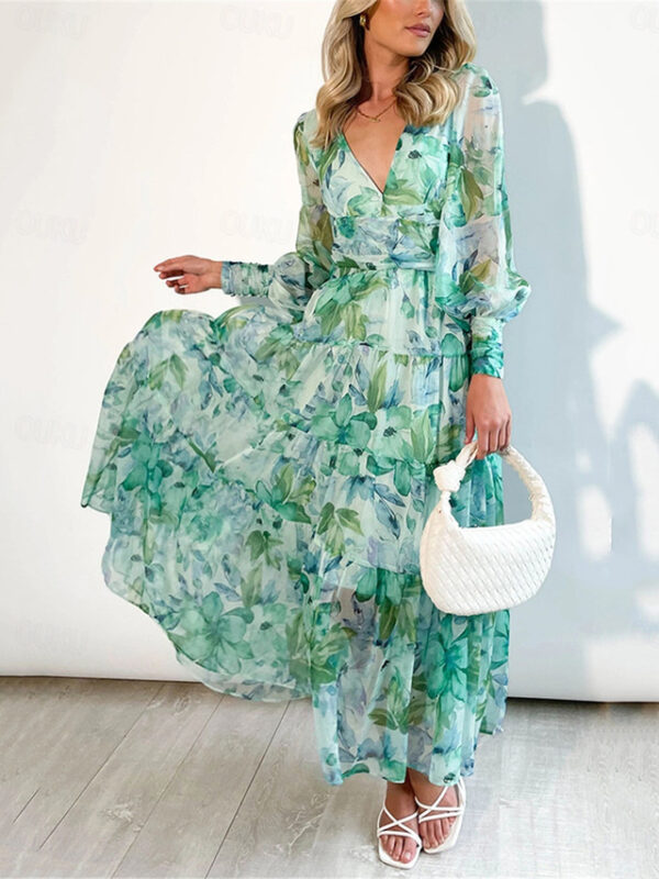 Women's Casual Dress Floral Print V Neck Long Dress Maxi Dress Vacation Long Sleeve Summer Spring 2024 - US $31.99