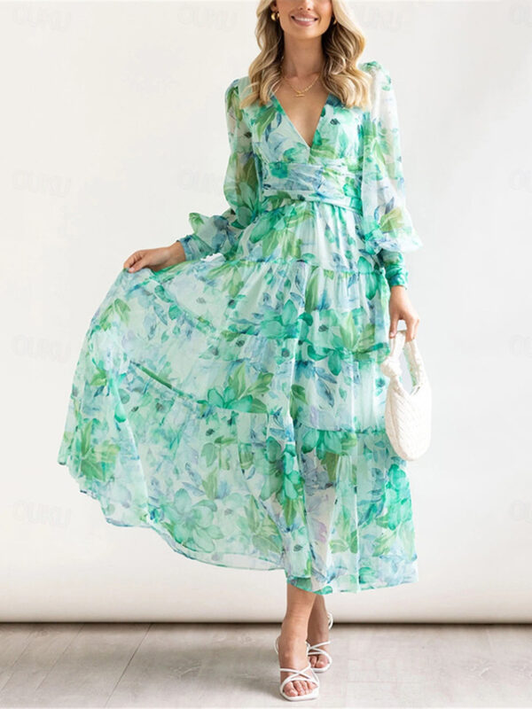 Women's Casual Dress Floral Print V Neck Long Dress Maxi Dress Vacation Long Sleeve Summer Spring 2024 - US $31.99