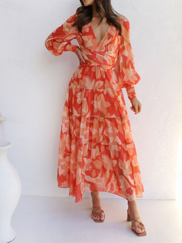 Women's Casual Dress Floral Print V Neck Long Dress Maxi Dress Vacation Long Sleeve Summer Spring 2024 - US $31.99