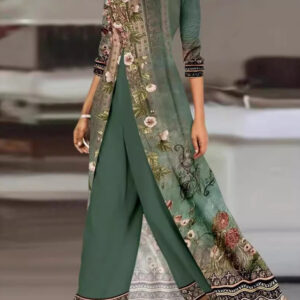 Women's Embroidered Salwar Kameez Palazzo Set Green Cream Traditional Ethnic Wear Floral Embroidery Festive Wedding Party All Season Comfort Fit 2024