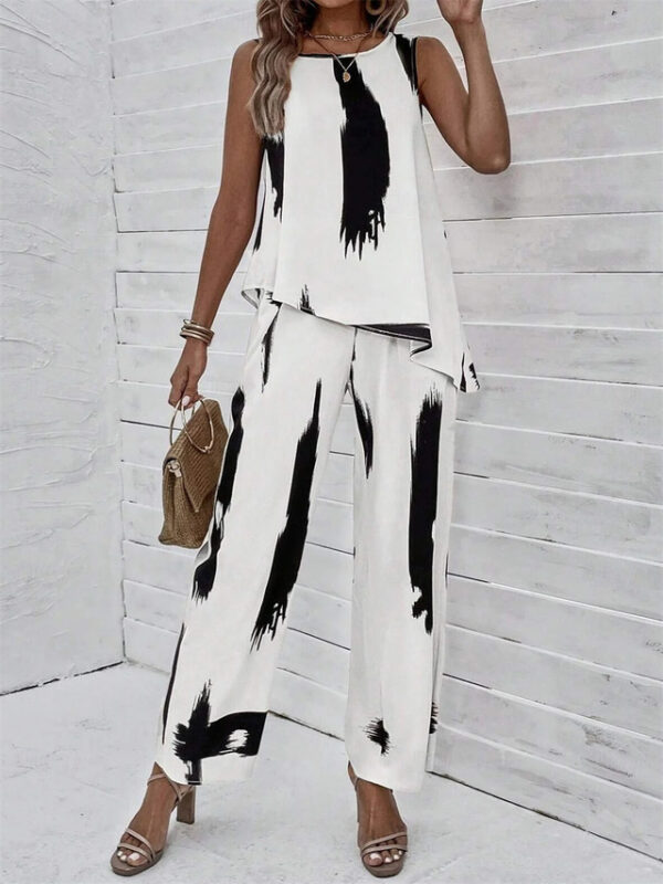 Women's Fashion Daily Tank Top Pants Sets Wide Leg Pants Trousers Sleeveless Round Neck Graphic Print Casual Daily White Summer Regular Fit 2024 - US