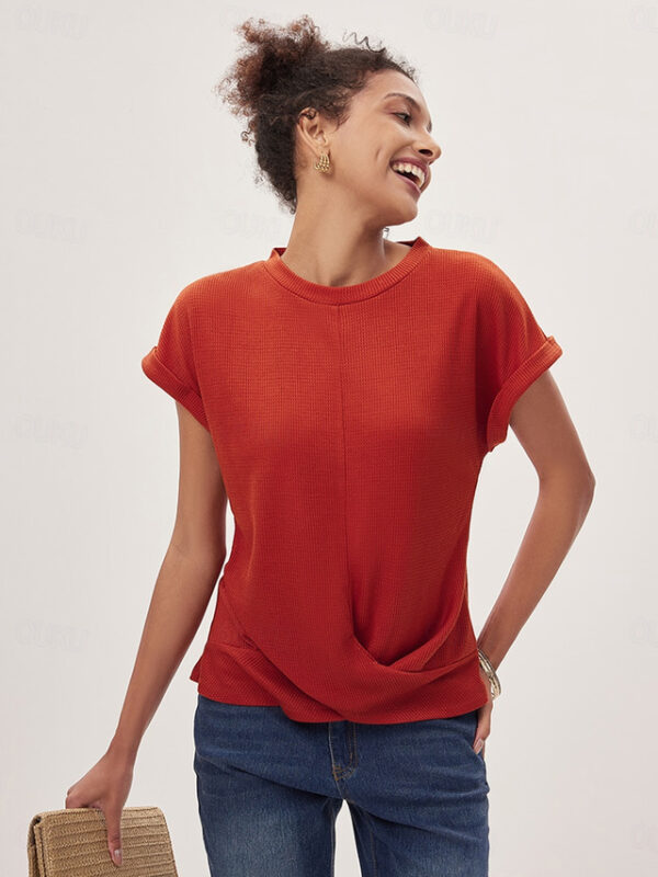 Women's Knitted Top V-neck Short Sleeve Elastic Soft Burnt Orange Casual Loose Fit Versatile Spring Fall Clothing Apparel 2024 - US $30.99