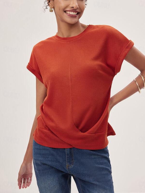 Women's Knitted Top V-neck Short Sleeve Elastic Soft Burnt Orange Casual Loose Fit Versatile Spring Fall Clothing Apparel 2024 - US $30.99