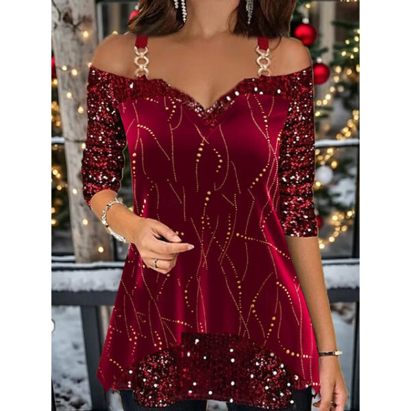 Women's Shirt T Shirt Blouse Shirt Velvet Festival / Holiday Striped Sparkly Sequins Print Cold Shoulder Long Sleeve Regular Tops V Neck Party Weekend