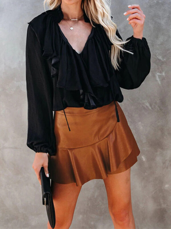 Women's Skirt A Line Fashion Sexy Mini High Waist Skirts Solid Colored Ruffle Street Daily Black Brown Summer Faux Leather Leather 2024 - US $24.99