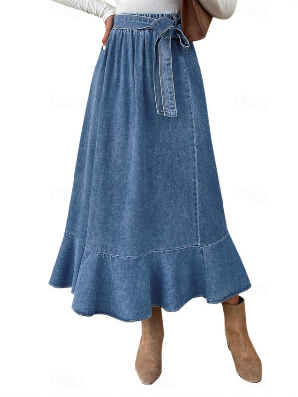 Women's Skirt A Line Swing Fashion Casual Maxi High Waist Skirts Solid Colored Ruffle Street Daily Blue Winter Denim 2024 - US $43.99