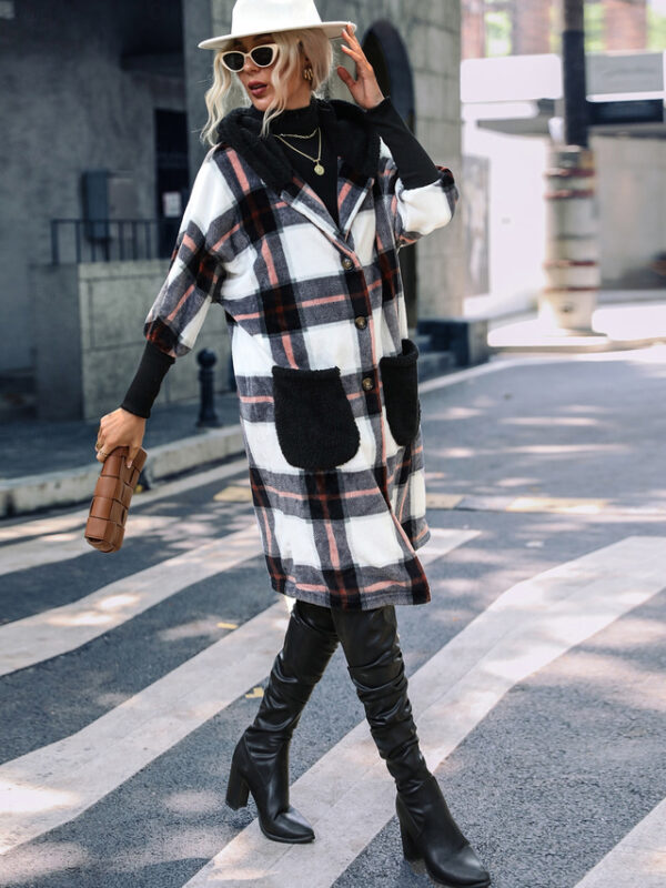 Women's Teddy Coat Coat Warm Pocket Fashion Casual Plaid Work Street Single Breasted Lapel Loose Fit Long Sleeve Outerwear Black Fall Winter 2024 - US