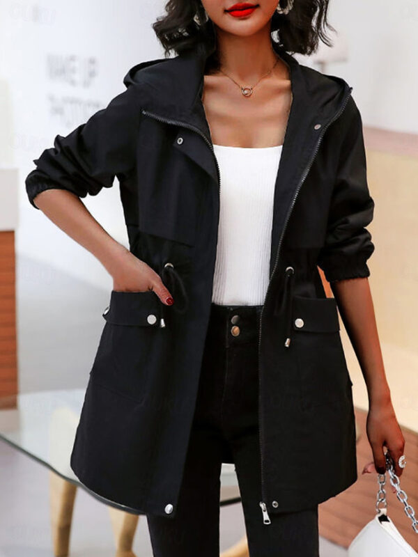 Women's Trench Coat Fall Outdoor Zipper Plain Breathable Streetwear Regular Fit Outerwear Long Sleeve Black M 2024 - US $36.99